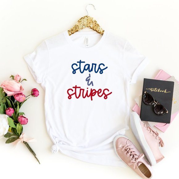 Womens July 4th Stars and Stripes Crewneck Tshirt - Picture 1 of 5